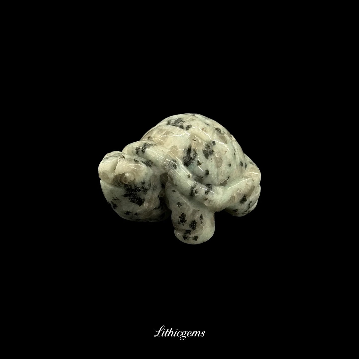 Polished natural crystal turtle figurine with black specks on black background, Lithicgems