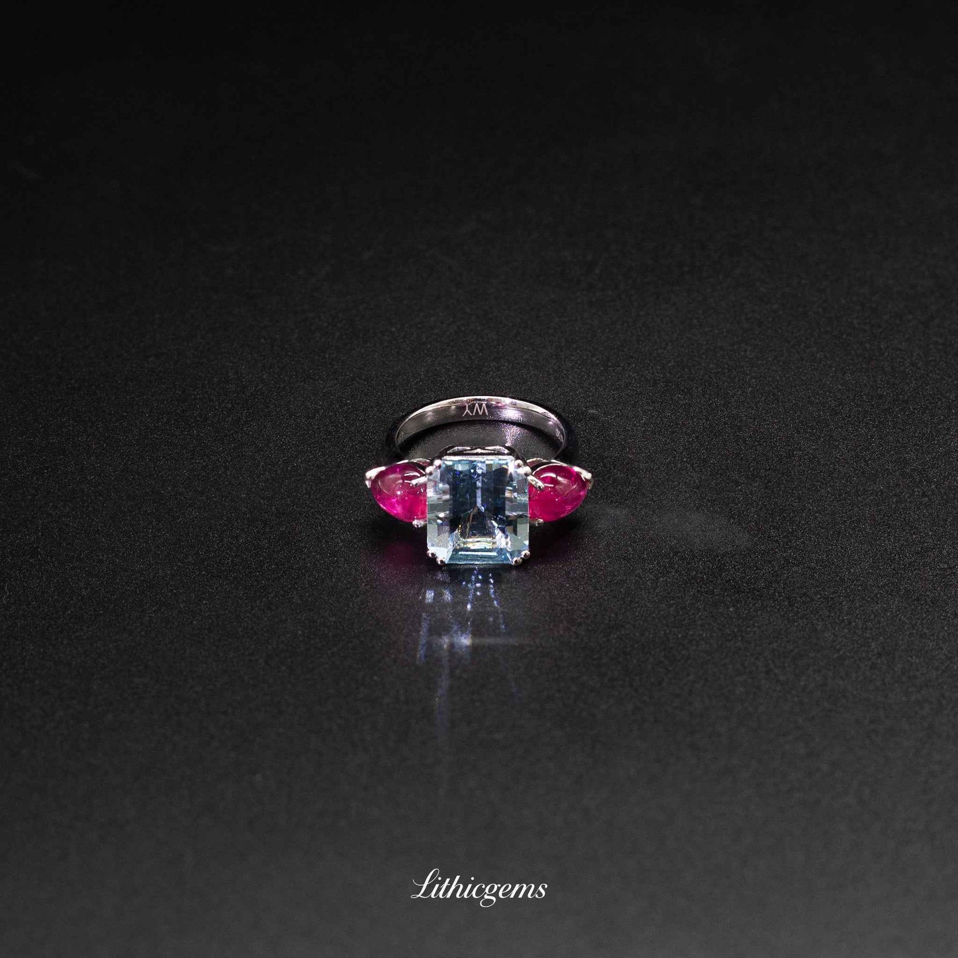Custom 18K Gold Three-Stone Aquamarine & Rubellite Diamond Ring | AIGS/GUILD Certified