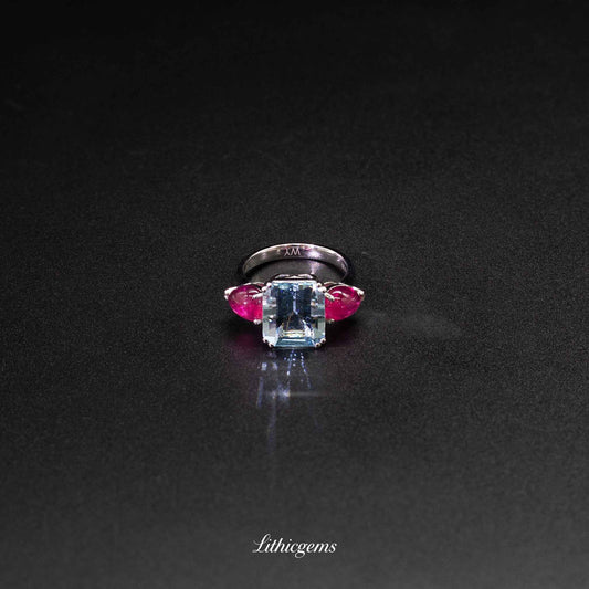Custom 18K Gold Three-Stone Aquamarine & Rubellite Diamond Ring | AIGS/GUILD Certified