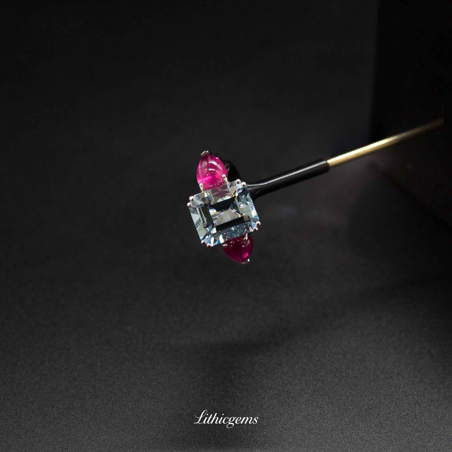 Custom 18K Gold Three-Stone Aquamarine & Rubellite Diamond Ring | AIGS/GUILD Certified