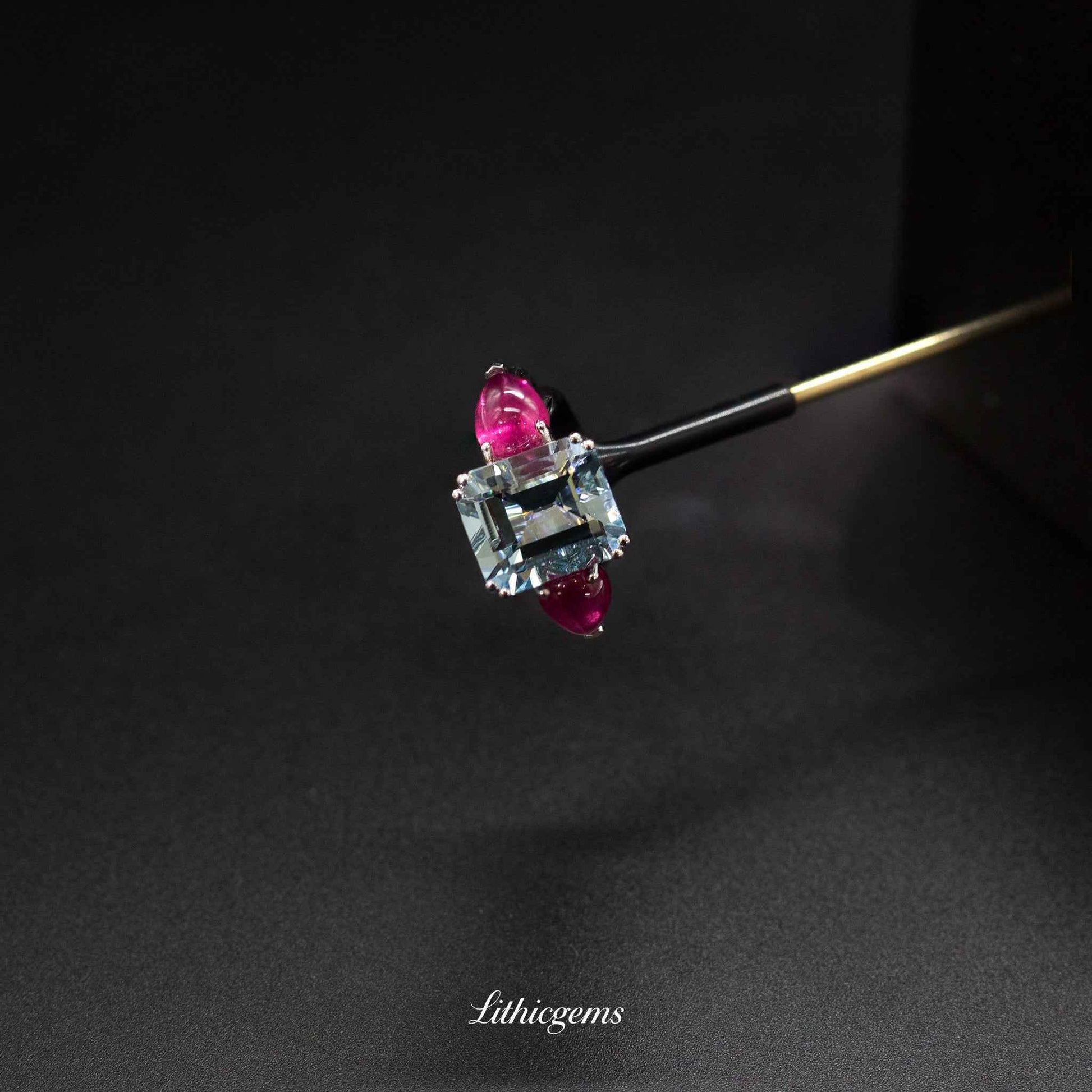 Custom 18K Gold Three-Stone Aquamarine & Rubellite Diamond Ring | AIGS/GUILD Certified