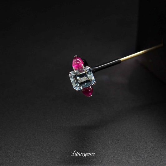 Custom 18K Gold Three-Stone Aquamarine & Rubellite Diamond Ring | AIGS/GUILD Certified