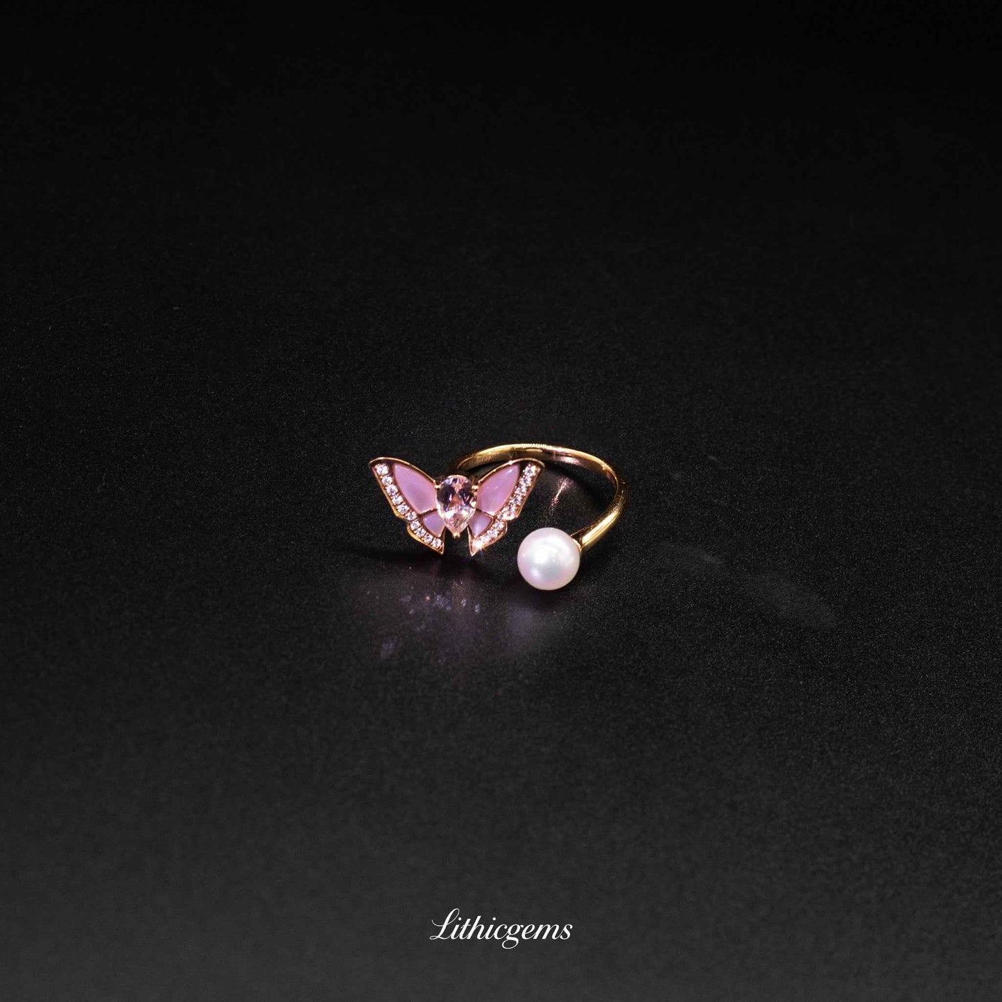 Custom 18K Gold Butterfly Mother of Pearl Pearl Morganite Ring | AIGS/GUILD Certified