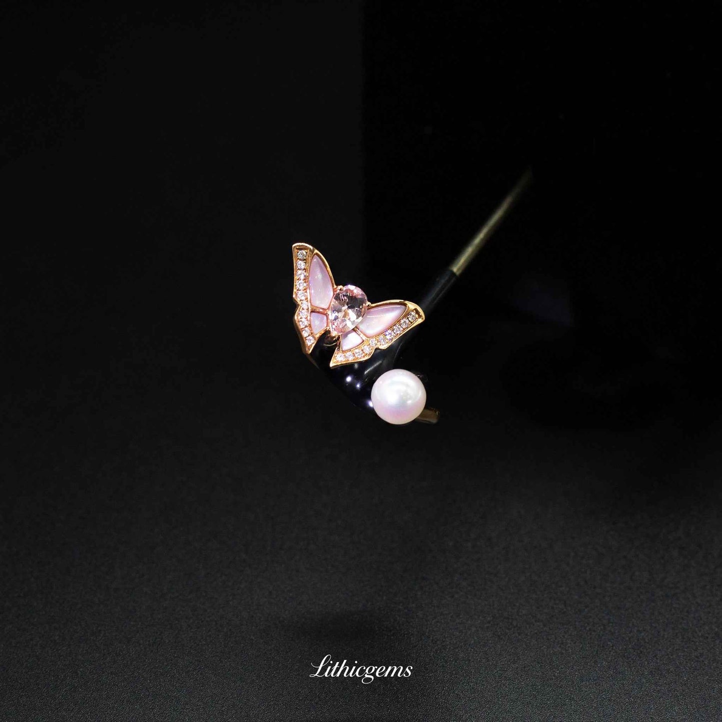 Custom 18K Gold Butterfly Mother of Pearl Pearl Morganite Ring | AIGS/GUILD Certified