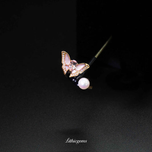 Custom 18K Gold Butterfly Mother of Pearl Pearl Morganite Ring | AIGS/GUILD Certified