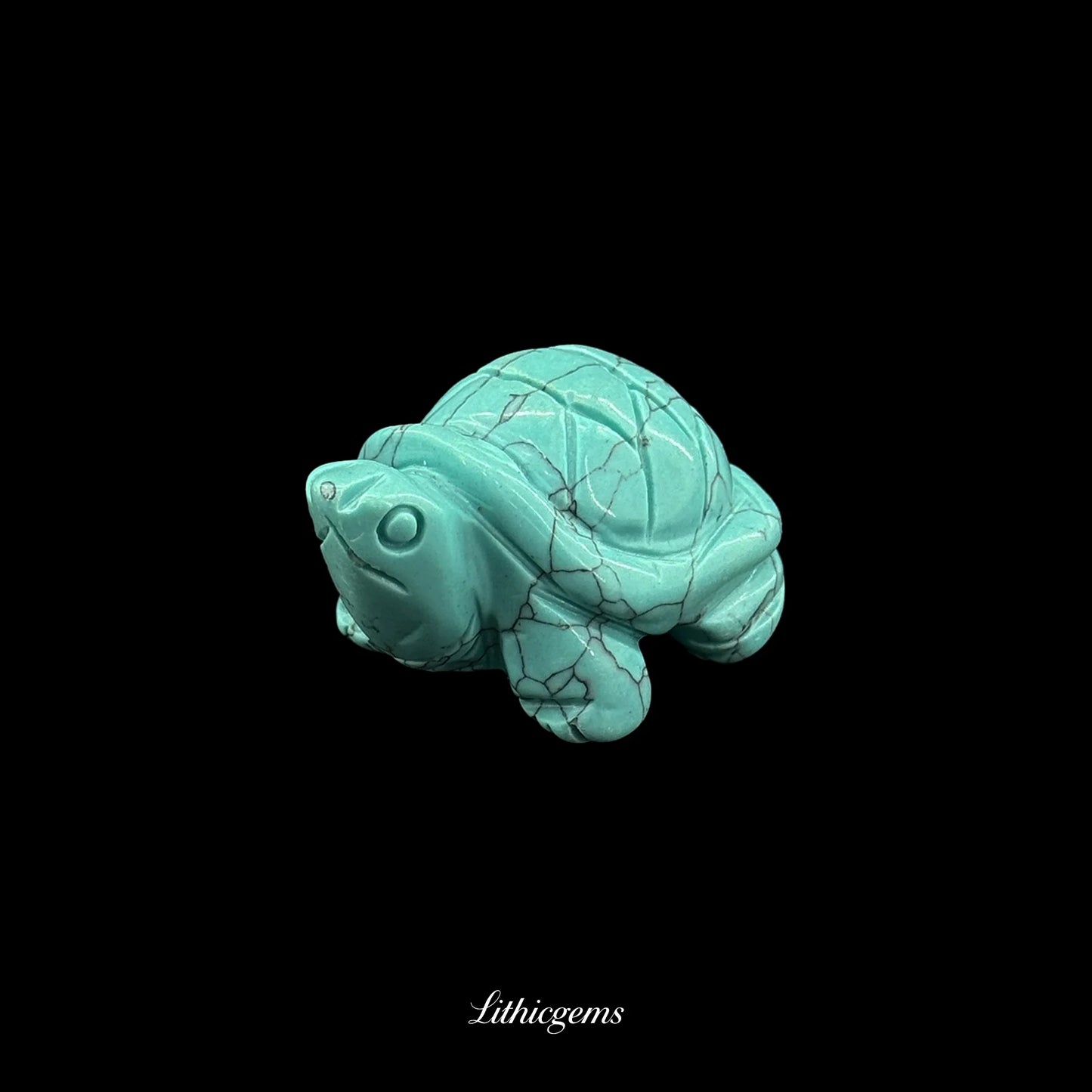Turquoise gemstone turtle figurine on black background, Lithicgems crystal boutique