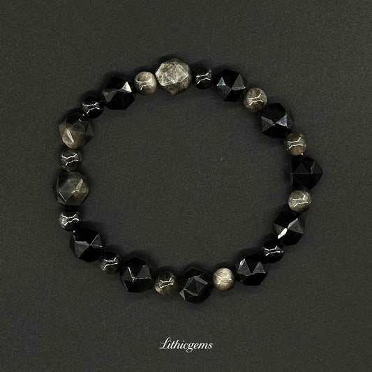 Beveled Silver Sheen Obsidian Bracelet - Powerful Protection & Polished Elegance - Lithicgems