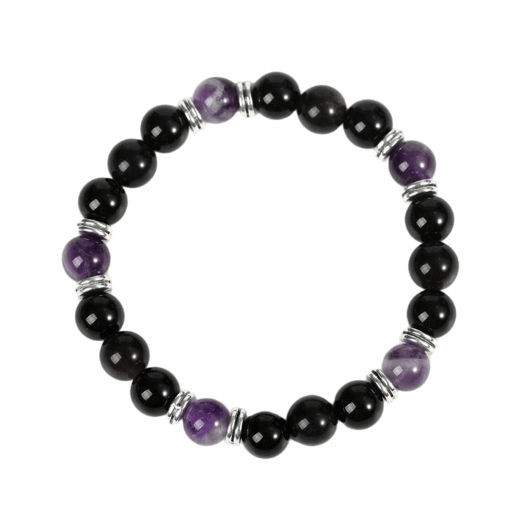 Custom Amethyst & Black Obsidian Astronaut Bracelet 8mm | Natural Crystal Mixed Stretch Bracelet | Lithicgems - Lithicgems
