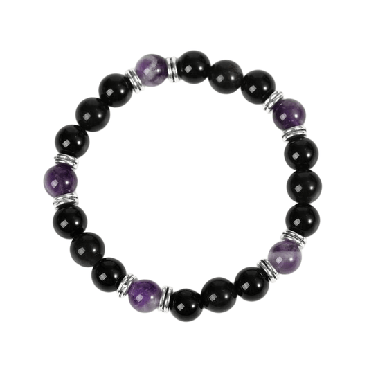 Custom Amethyst & Black Obsidian Astronaut Bracelet 8mm | Natural Crystal Mixed Stretch Bracelet | Lithicgems - Lithicgems