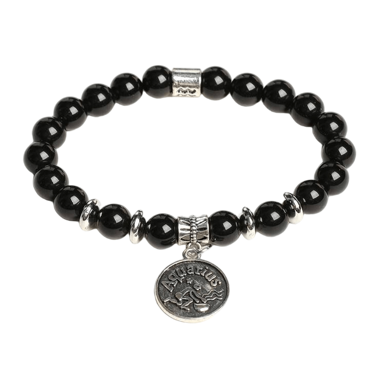 Custom Aquarius Alloy Tag Black Obsidian Zodiac Bracelet 8mm | Natural Crystal Constellation Stretch Bracelet | Lithicgems - Lithicgems