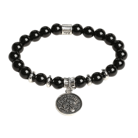 Custom Aquarius Alloy Tag Black Obsidian Zodiac Bracelet 8mm | Natural Crystal Constellation Stretch Bracelet | Lithicgems - Lithicgems