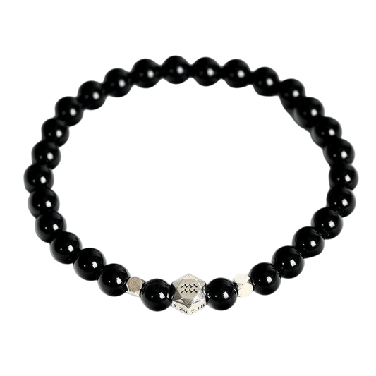 Custom Aquarius Black Obsidian Zodiac Bracelet 6mm | Natural Crystal Constellation Stretch Bracelet | Lithicgems - Lithicgems
