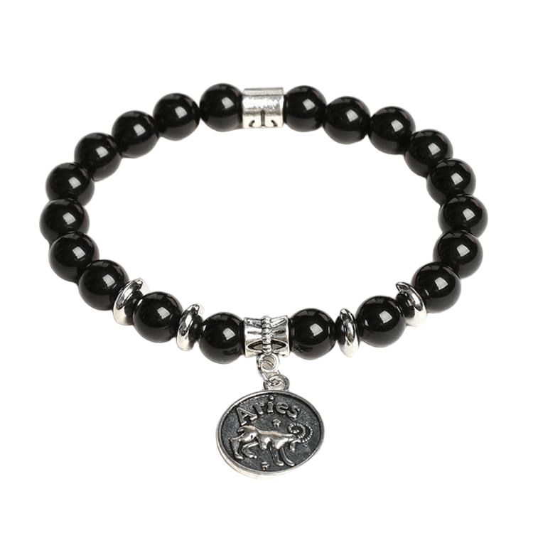 Custom Aries Alloy Tag Black Obsidian Zodiac Bracelet 8mm | Natural Crystal Constellation Stretch Bracelet | Lithicgems - Lithicgems