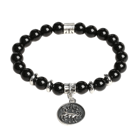 Custom Aries Alloy Tag Black Obsidian Zodiac Bracelet 8mm | Natural Crystal Constellation Stretch Bracelet | Lithicgems - Lithicgems