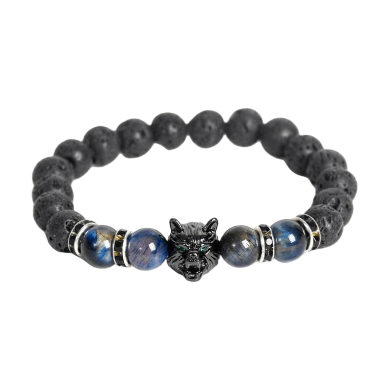 Custom Blue Tiger Eye & Lava Stone Wolf Head Bracelet 8mm | Natural Stone Trendy Stretch Bracelet | Lithicgems - Lithicgems