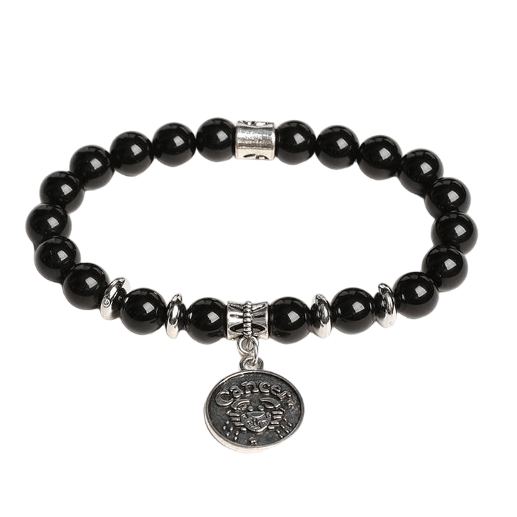 Custom Cancer Alloy Tag Black Obsidian Zodiac Bracelet 8mm | Natural Crystal Constellation Stretch Bracelet | Lithicgems - Lithicgems