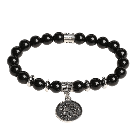 Custom Cancer Alloy Tag Black Obsidian Zodiac Bracelet 8mm | Natural Crystal Constellation Stretch Bracelet | Lithicgems - Lithicgems