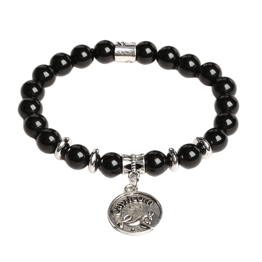 Custom Capricorn Alloy Tag Black Obsidian Zodiac Bracelet 8mm | Natural Crystal Constellation Stretch Bracelet | Lithicgems - Lithicgems
