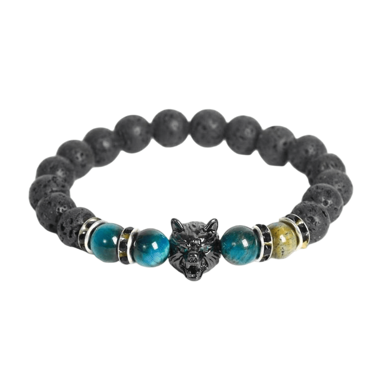 Custom Cyan Tiger Eye & Lava Stone Wolf Head Bracelet 8mm | Natural Stone Trendy Stretch Bracelet | Lithicgems - Lithicgems