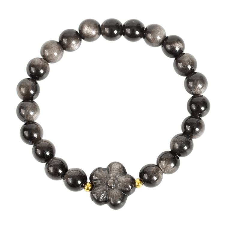 Custom Flower Silver Obsidian Bracelet | Natural Volcanic Glass Multi-Element Cute Stretch Bracelet | Lithicgems - Lithicgems