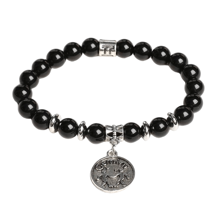 Custom Gemini Alloy Tag Black Obsidian Zodiac Bracelet 8mm | Natural Crystal Constellation Stretch Bracelet | Lithicgems - Lithicgems