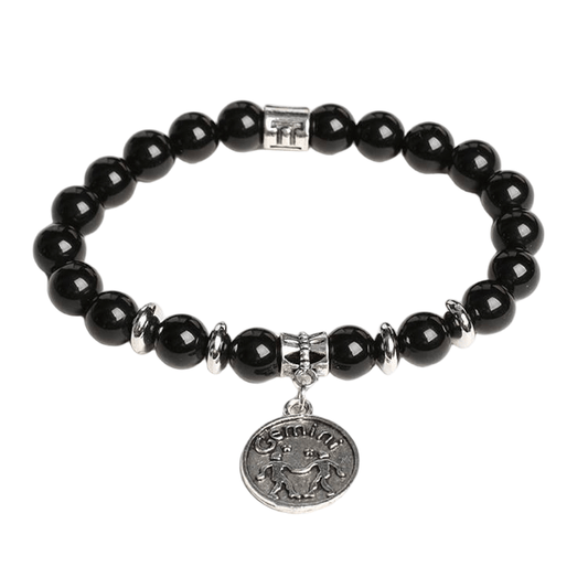 Custom Gemini Alloy Tag Black Obsidian Zodiac Bracelet 8mm | Natural Crystal Constellation Stretch Bracelet | Lithicgems - Lithicgems