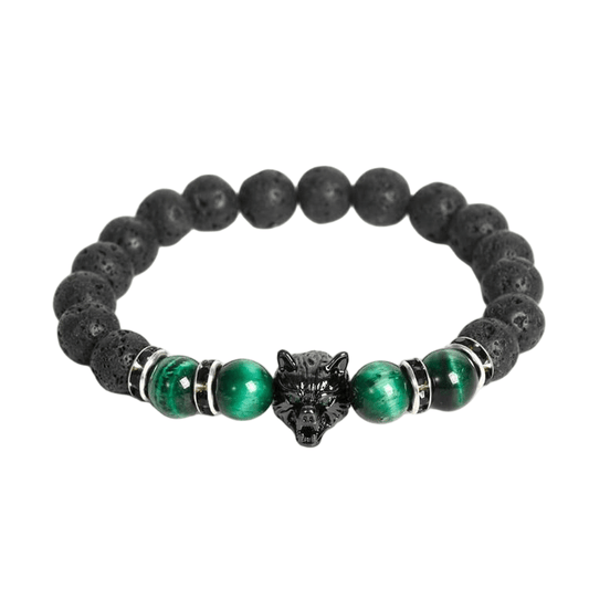 Custom Green Tiger Eye & Lava Stone Wolf Head Bracelet 8mm | Natural Stone Trendy Stretch Bracelet | Lithicgems - Lithicgems