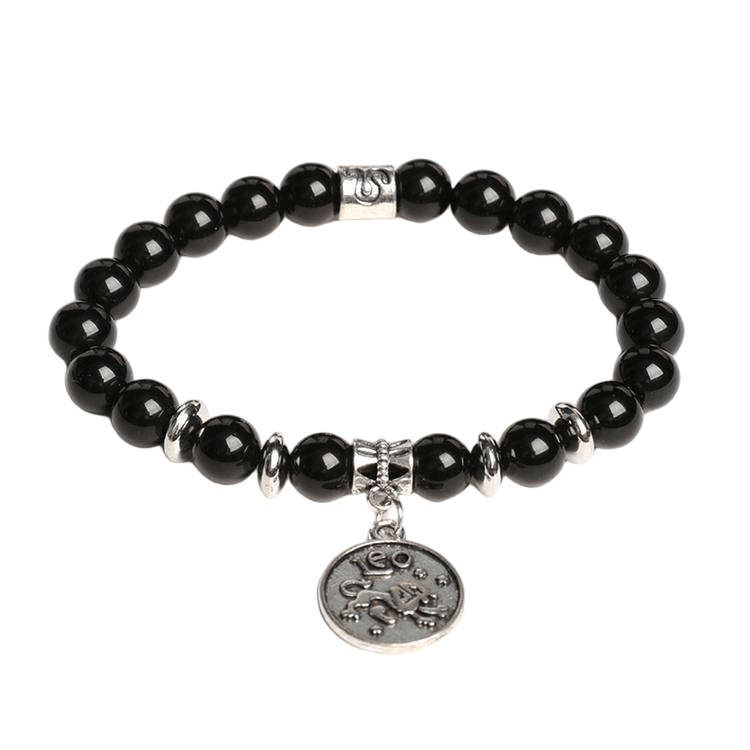 Custom Leo Alloy Tag Black Obsidian Zodiac Bracelet 8mm | Natural Crystal Constellation Stretch Bracelet | Lithicgems - Lithicgems