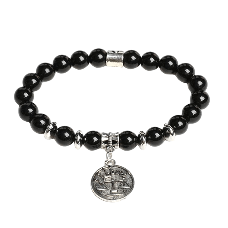Custom Libra Alloy Tag Black Obsidian Zodiac Bracelet 8mm | Natural Crystal Constellation Stretch Bracelet | Lithicgems - Lithicgems