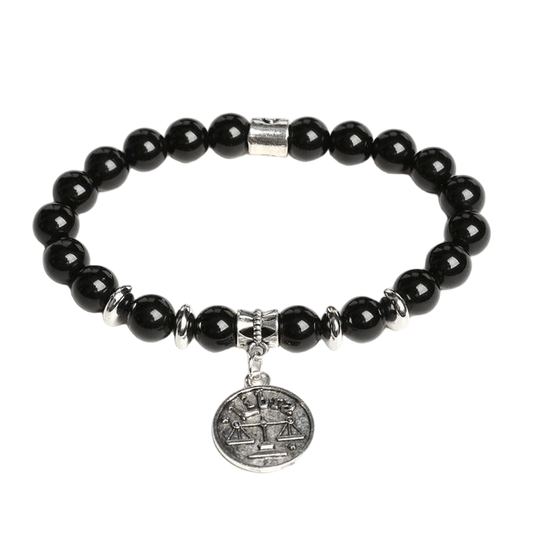 Custom Libra Alloy Tag Black Obsidian Zodiac Bracelet 8mm | Natural Crystal Constellation Stretch Bracelet | Lithicgems - Lithicgems