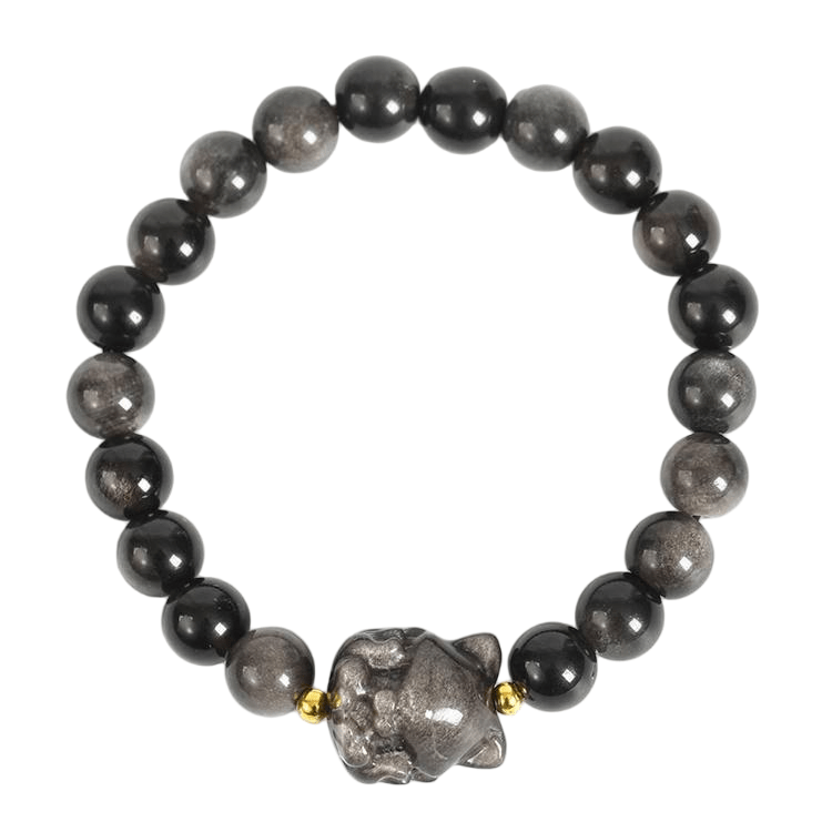 Custom Nine-Tailed Fox Silver Obsidian Bracelet | Natural Volcanic Glass Multi-Element Cute Stretch Bracelet | Lithicgems - Lithicgems