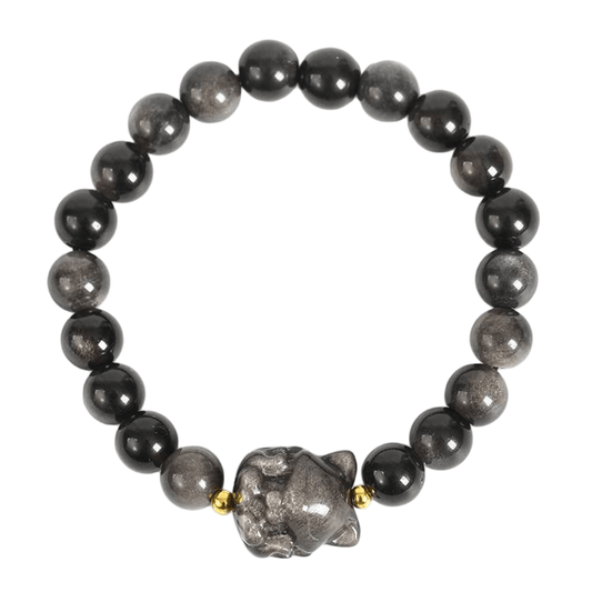 Custom Nine-Tailed Fox Silver Obsidian Bracelet | Natural Volcanic Glass Multi-Element Cute Stretch Bracelet | Lithicgems - Lithicgems