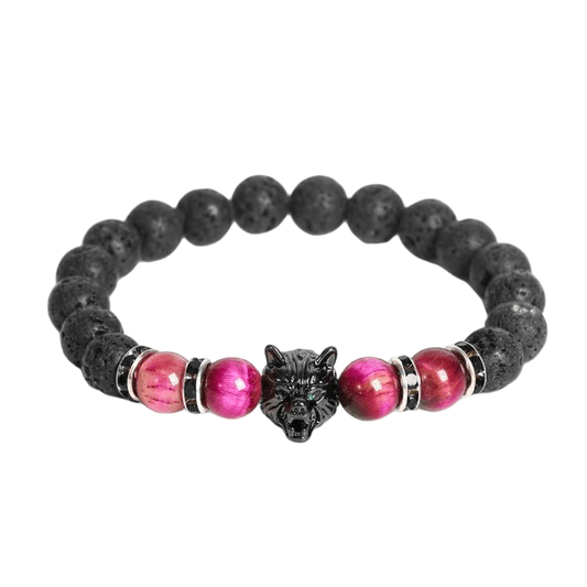 Custom Pink Tiger Eye & Lava Stone Wolf Head Bracelet 8mm | Natural Stone Trendy Stretch Bracelet | Lithicgems - Lithicgems