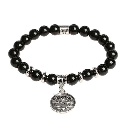 Custom Pisces Alloy Tag Black Obsidian Zodiac Bracelet 8mm | Natural Crystal Constellation Stretch Bracelet | Lithicgems - Lithicgems