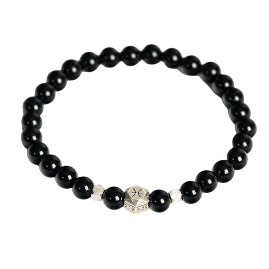 Custom Pisces Black Obsidian Zodiac Bracelet 6mm | Natural Crystal Constellation Stretch Bracelet | Lithicgems - Lithicgems