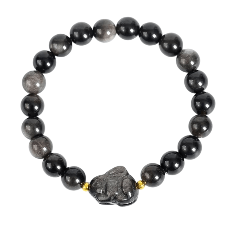 Custom Rabbit Silver Obsidian Bracelet | Natural Volcanic Glass Multi-Element Cute Stretch Bracelet | Lithicgems - Lithicgems