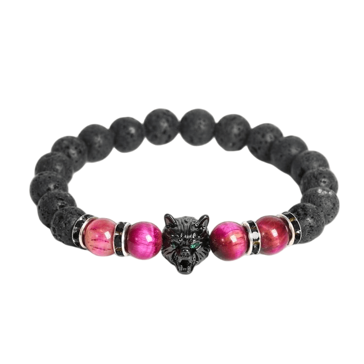 Custom Red Tiger Eye & Lava Stone Wolf Head Bracelet 8mm | Natural Stone Trendy Stretch Bracelet | Lithicgems - Lithicgems