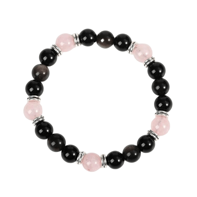 Custom Rose Quartz & Black Obsidian Astronaut Bracelet 8mm | Natural Crystal Mixed Stretch Bracelet | Lithicgems - Lithicgems