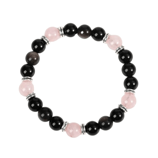 Custom Rose Quartz & Black Obsidian Astronaut Bracelet 8mm | Natural Crystal Mixed Stretch Bracelet | Lithicgems - Lithicgems