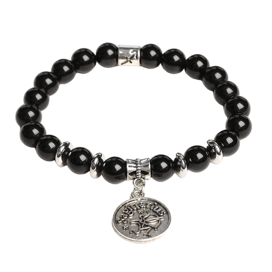 Custom Sagittarius Alloy Tag Black Obsidian Zodiac Bracelet 8mm | Natural Crystal Constellation Stretch Bracelet | Lithicgems - Lithicgems