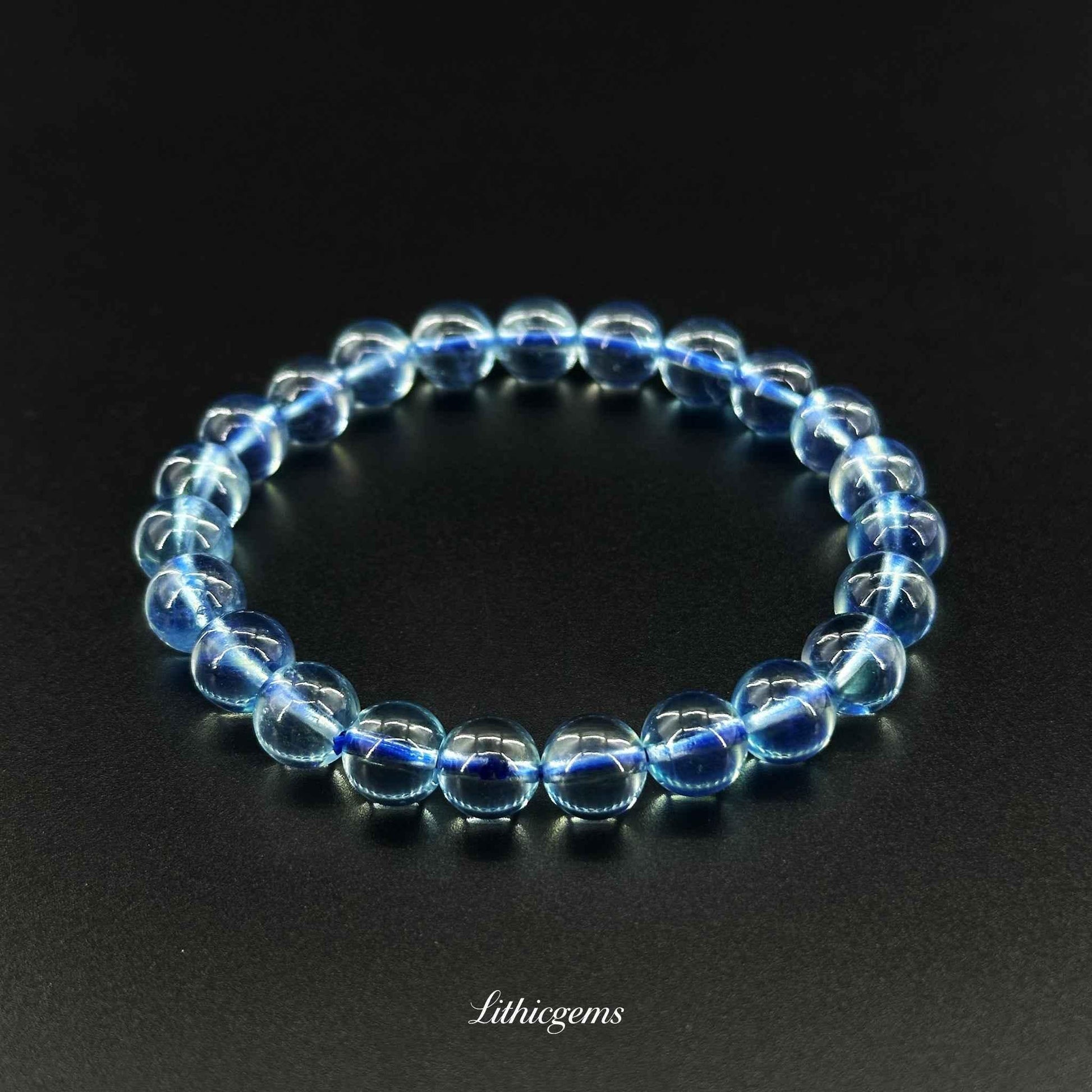 Custom Santa Maria Aquamarine Bracelet - Deep Ocean Blue Crystal for Calm & Communication - Lithicgems