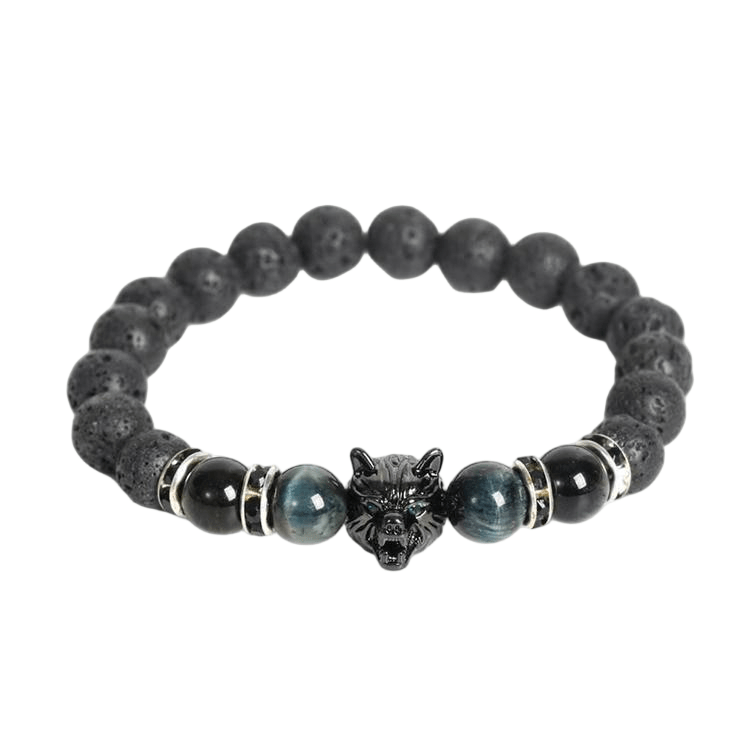 Custom Sapphire Tiger Eye & Lava Stone Wolf Head Bracelet 8mm | Natural Stone Trendy Stretch Bracelet | Lithicgems - Lithicgems