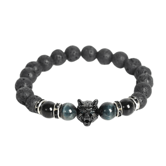 Custom Sapphire Tiger Eye & Lava Stone Wolf Head Bracelet 8mm | Natural Stone Trendy Stretch Bracelet | Lithicgems - Lithicgems