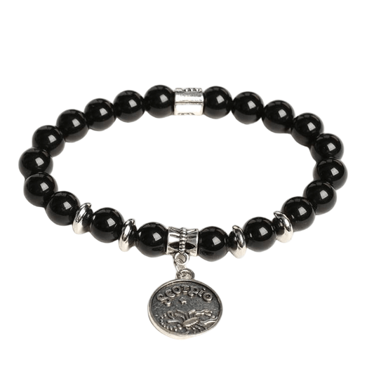 Custom Scorpio Alloy Tag Black Obsidian Zodiac Bracelet 8mm | Natural Crystal Constellation Stretch Bracelet | Lithicgems - Lithicgems