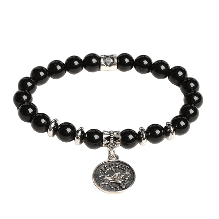 Custom Taurus Alloy Tag Black Obsidian Zodiac Bracelet 8mm | Natural Crystal Constellation Stretch Bracelet | Lithicgems - Lithicgems