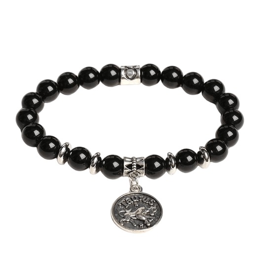 Custom Taurus Alloy Tag Black Obsidian Zodiac Bracelet 8mm | Natural Crystal Constellation Stretch Bracelet | Lithicgems - Lithicgems