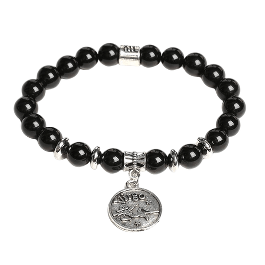 Custom Virgo Alloy Tag Black Obsidian Zodiac Bracelet 8mm | Natural Crystal Constellation Stretch Bracelet | Lithicgems - Lithicgems
