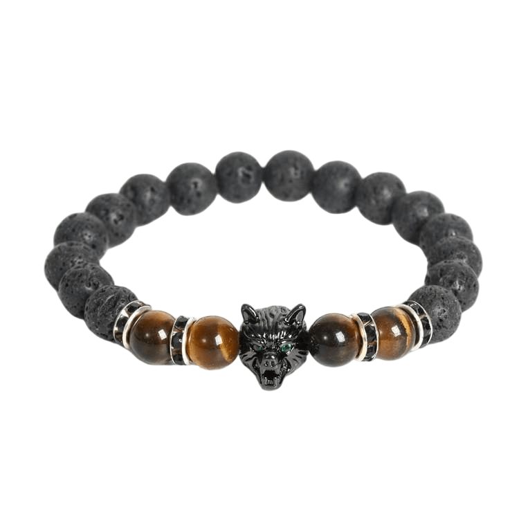 Custom Yellow Tiger Eye & Lava Stone Wolf Head Bracelet 8mm | Natural Stone Trendy Stretch Bracelet | Lithicgems - Lithicgems