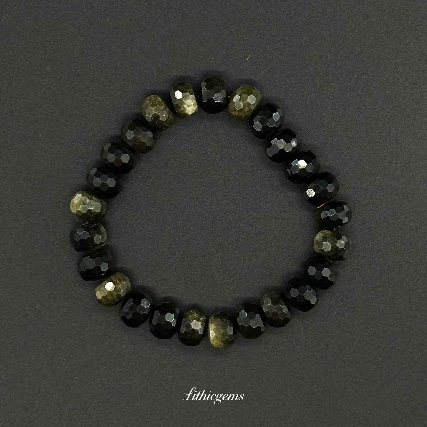Faceted Gold Sheen Obsidian Bracelet - Wheel Beads for Wealth & Powerful Shielding - Lithicgems