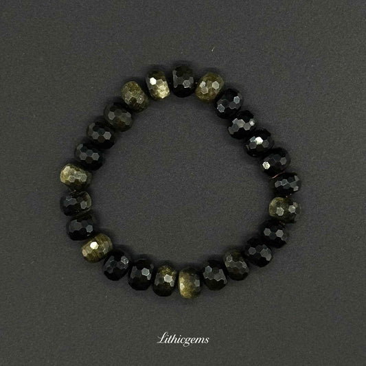 Faceted Gold Sheen Obsidian Bracelet - Wheel Beads for Wealth & Powerful Shielding - Lithicgems